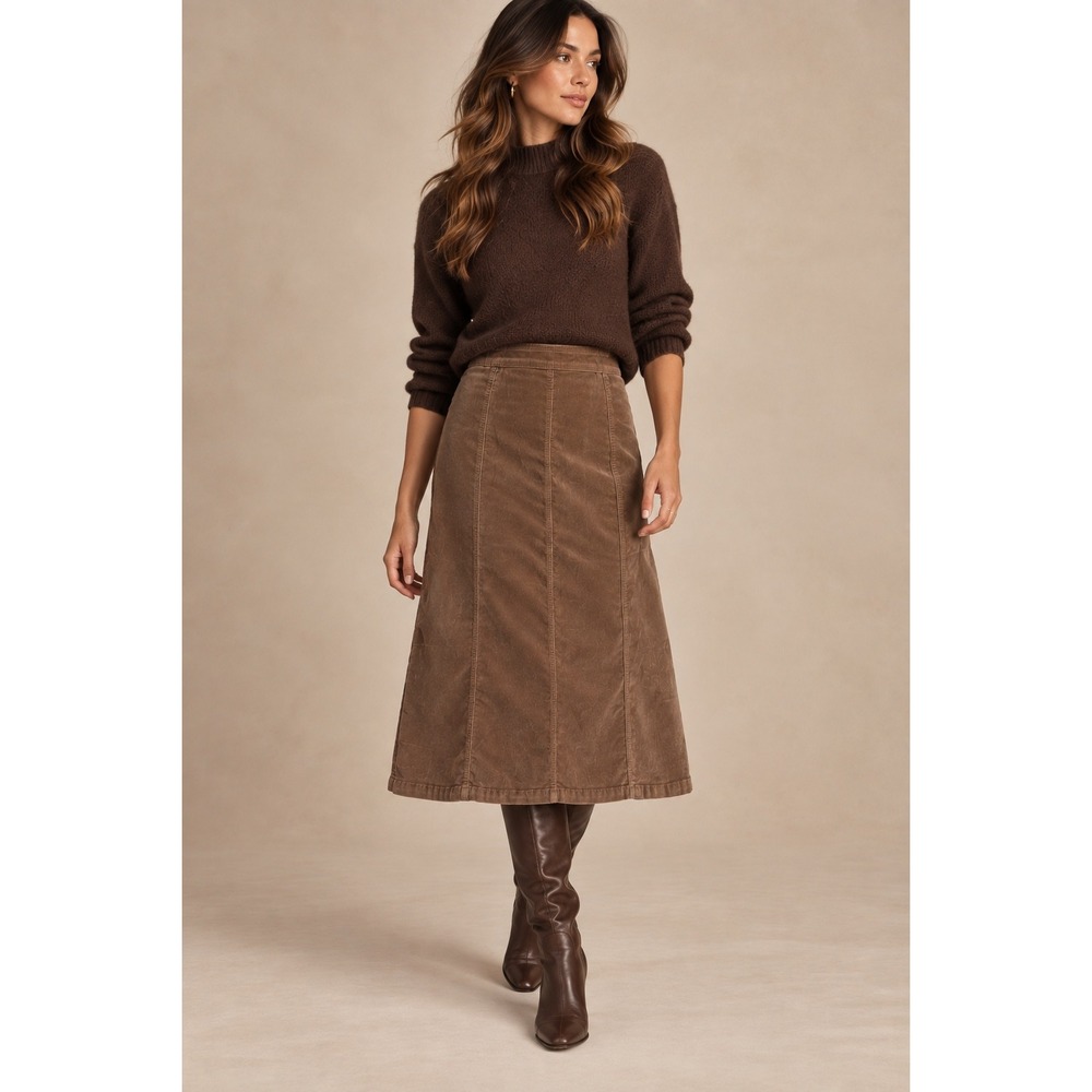 Croft & Barrow Brown Corduroy Midi Skirt Womens 10 Stretch A-Line Side Zip
